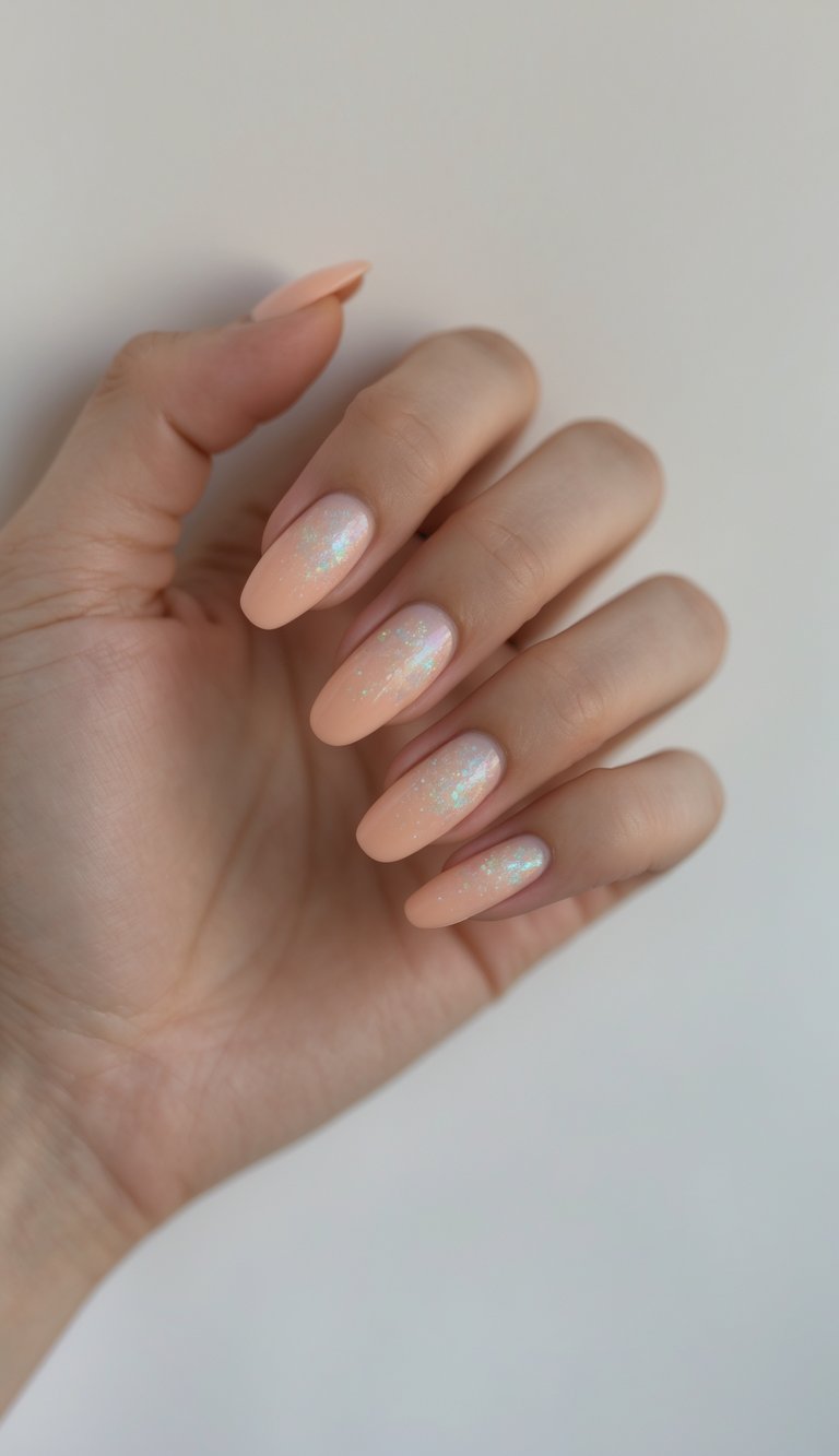 The image shows a close-up of almond-shaped peach nails featuring a shiny flake finish, subtly shimmering—making it a refined engagement nail art idea.