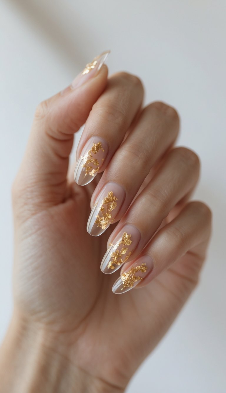 Golden foil clusters are set within clear, almond-shaped nails on a woman's hand, giving this engagement nail art idea a romantic, botanical touch.