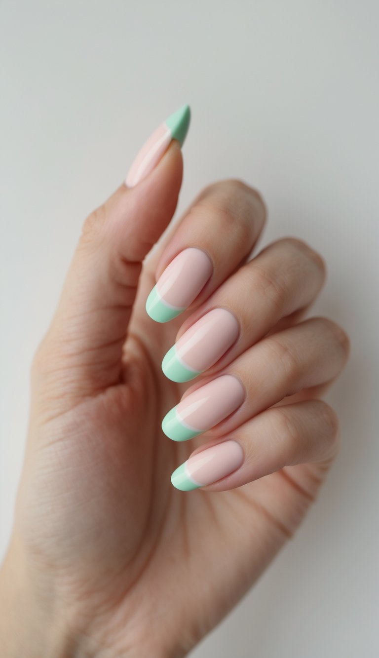 Elegant hand with rounded nails in a glossy soft pink, topped with sleek mint French tips for a chic and understated engagement nail art idea.