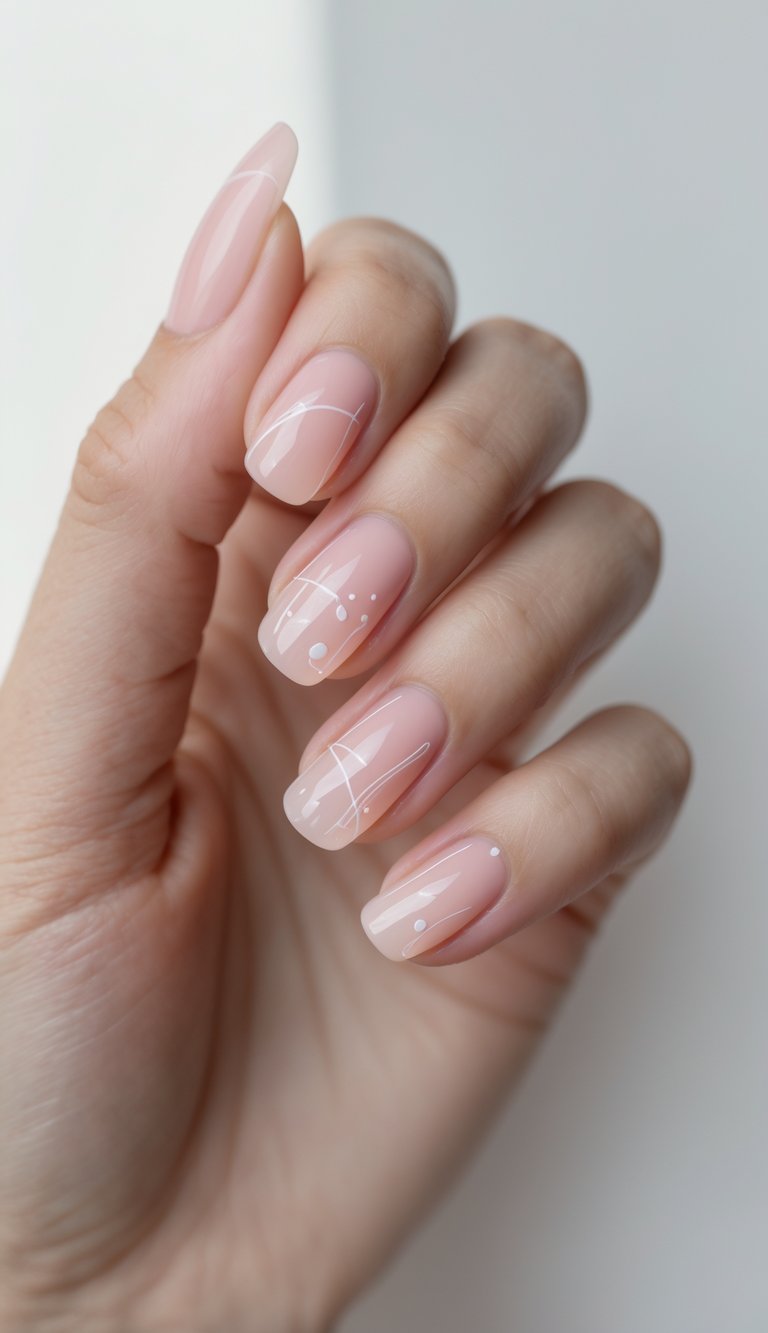Close-up of a hand with sheer pink nails, each detailed with subtle white swirls and dots, perfect for a calm and romantic engagement nail art idea.