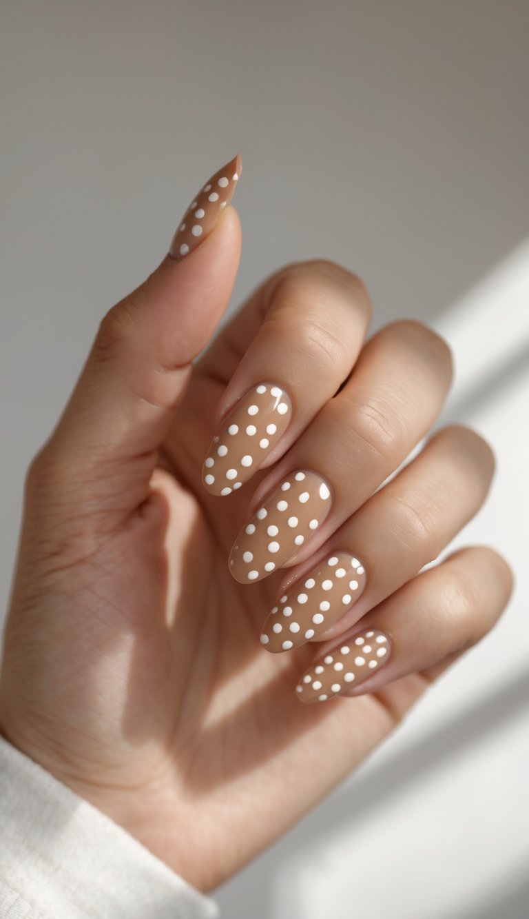Matte tan nails with small white polka dots on an elegant hand—an engagement nail art idea inspired by classic retro patterns with a minimalist update.
