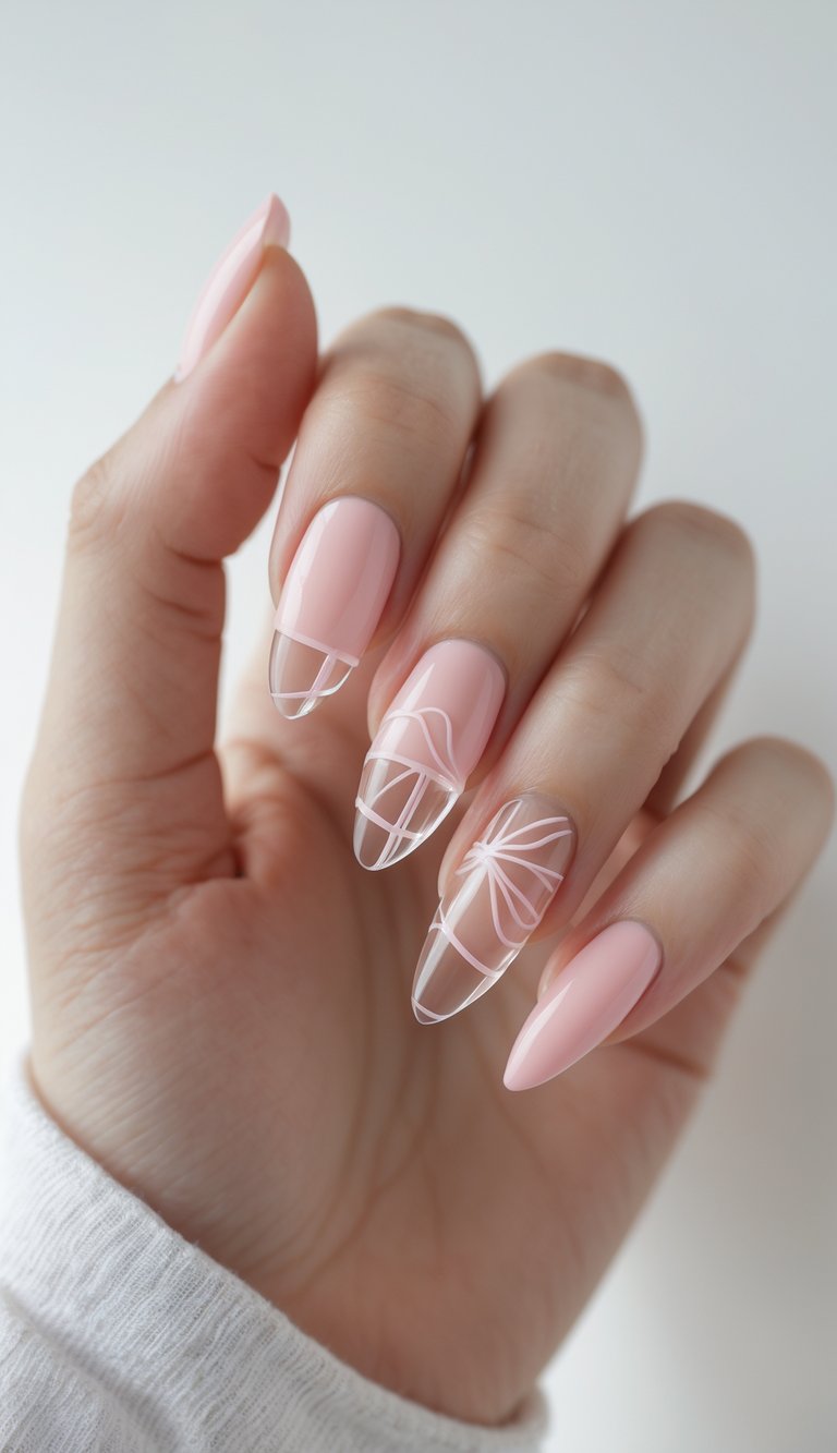 Soft pink manicure on a hand with transparent nail tips and fine white graphic accents—an edgy yet refined engagement nail art idea.