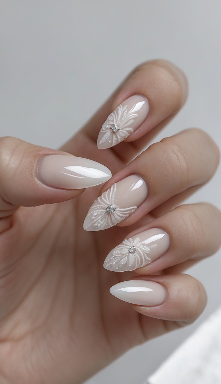 A close-up of a hand with almond-shaped nails painted in ivory polish, featuring raised white floral details and tiny rhinestones—an elegant engagement nail art idea.