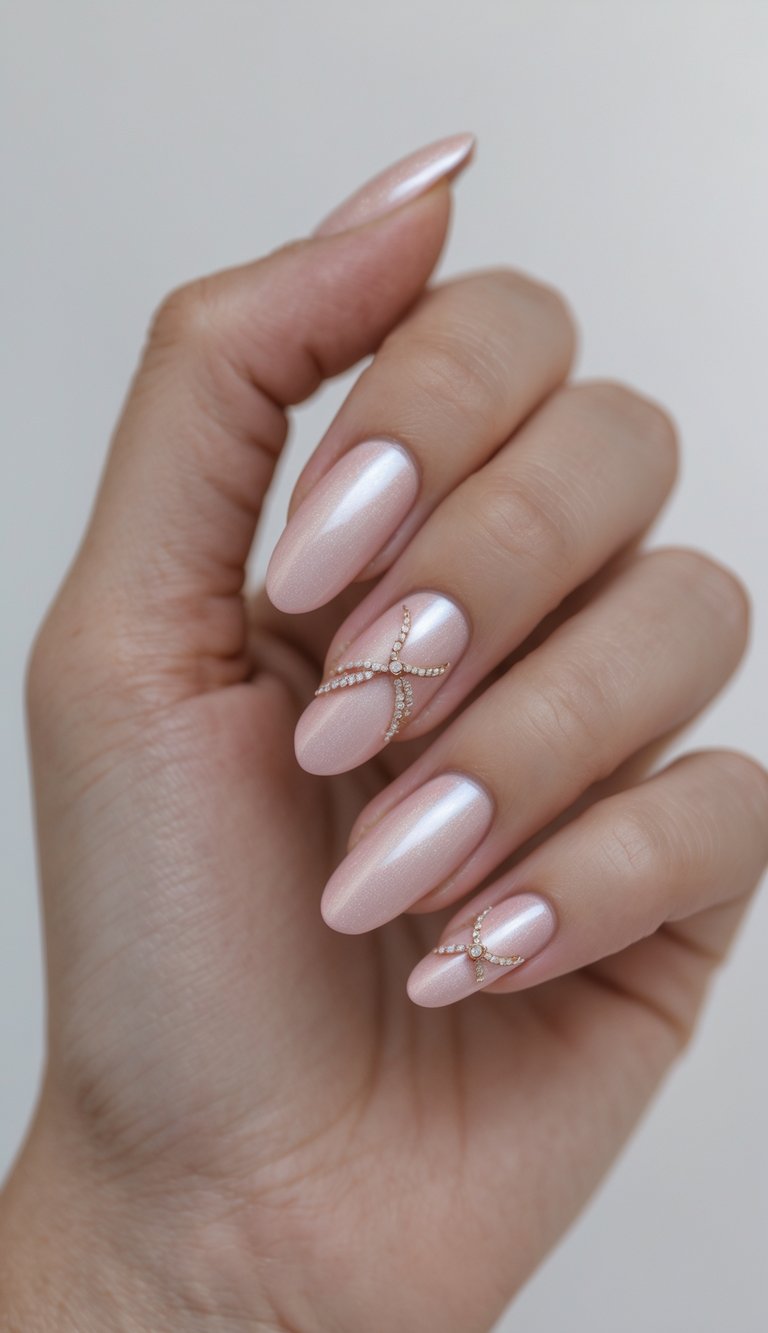 Feminine hand with pearlescent pink nails and golden rhinestone crisscross embellishments—an elegant and modern engagement nail art idea for romantic proposals.