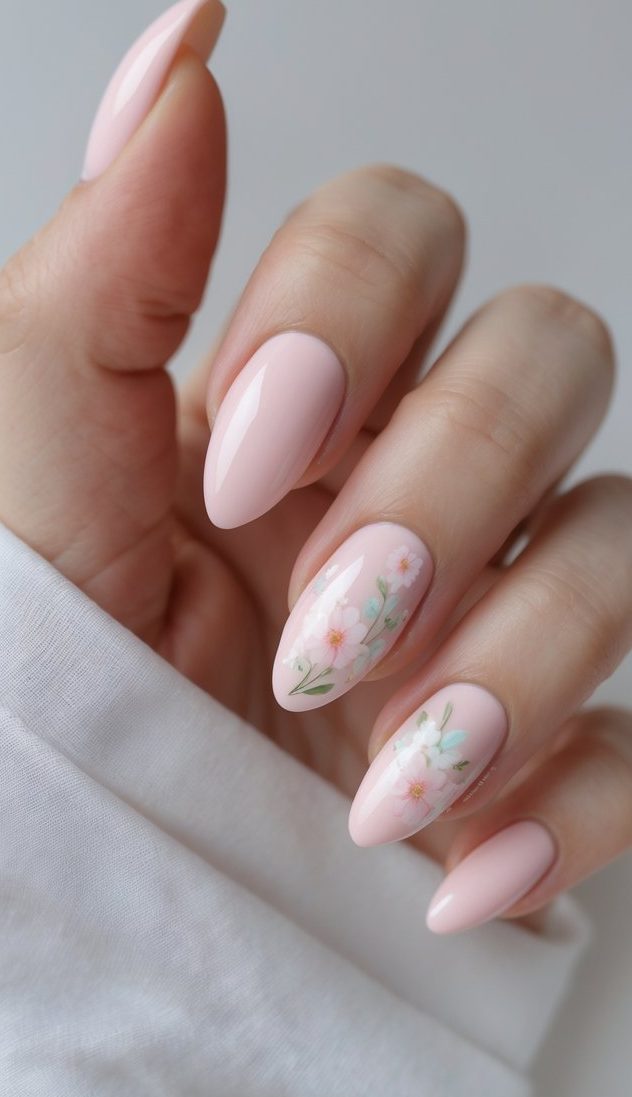 Close-up of a hand with almond-shaped nails in a glossy baby pink base, with floral accents in soft whites and greens for a spring-ready april nail art idea.