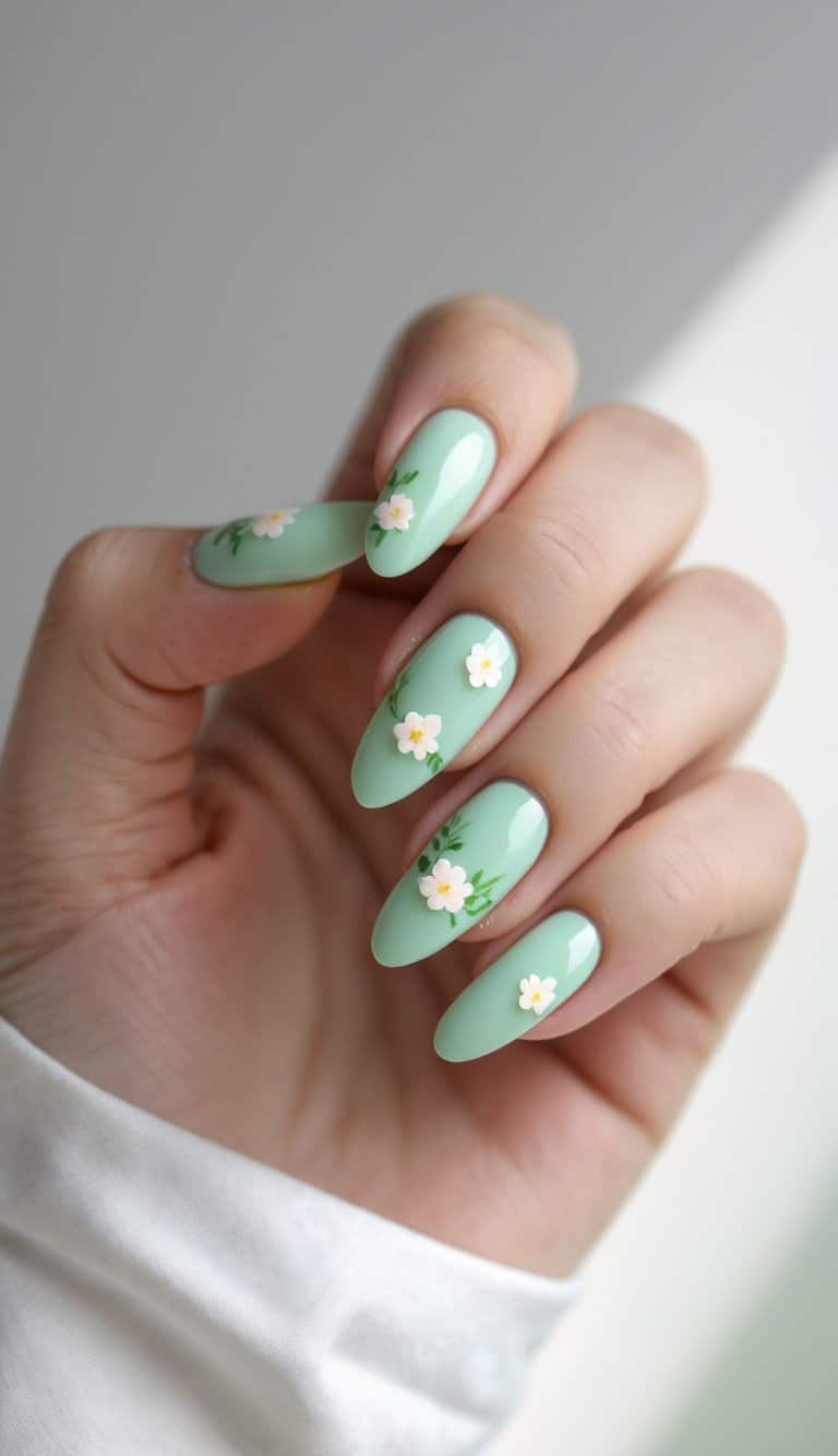 Close-up of hands with glossy pastel green nails featuring tiny cream flowers and greenery, perfect for soft and seasonal march nail art ideas.