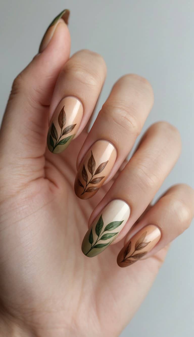Close-up of hands with soft neutral nails and hand-painted leaf accents, reflecting subtle and nature-inspired march nail art ideas.