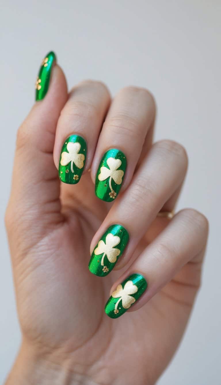 Close-up of hands with shiny emerald green nails and gold shamrock designs, showcasing bold and festive march nail art ideas for St. Patrick’s Day.