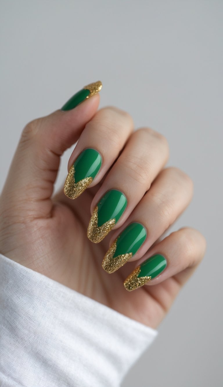 Close-up of hands with emerald green nails and sharp gold glitter V-tips, showcasing glamorous march nail art ideas with a polished edge.
