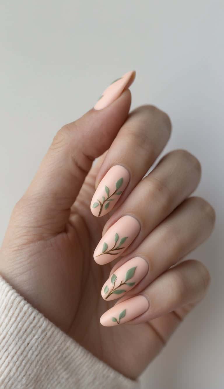 Close-up of hands with almond-shaped matte peach nails and soft green leaf art, presenting botanical march nail art ideas with a minimal twist.