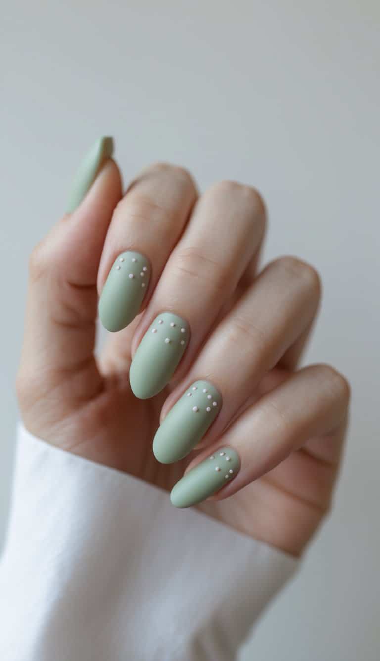 Close-up of hands with matte sage green nails decorated with tiny white dots, highlighting minimal and fresh march nail art ideas for spring.
