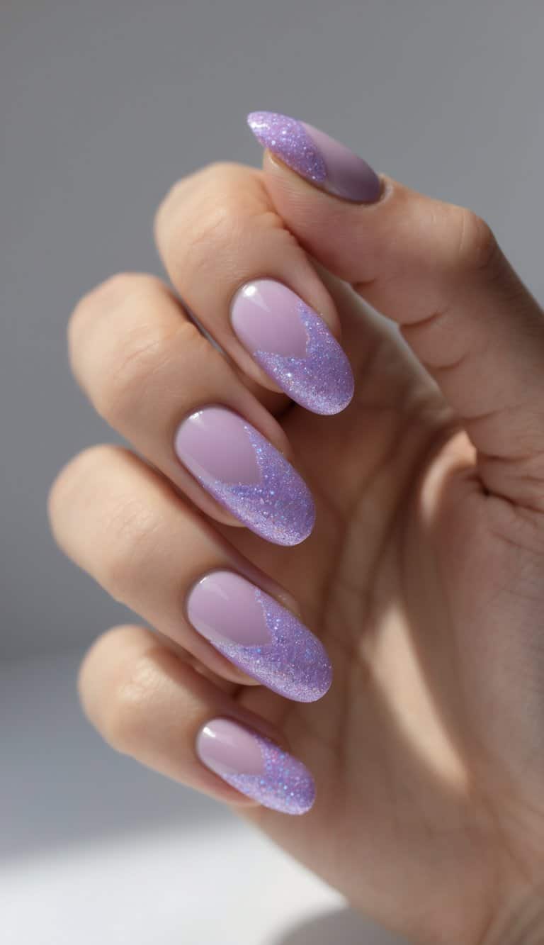 Close-up of hands with glossy purple nails and curved glitter designs, reflecting feminine and fun march nail art ideas with shimmer.
