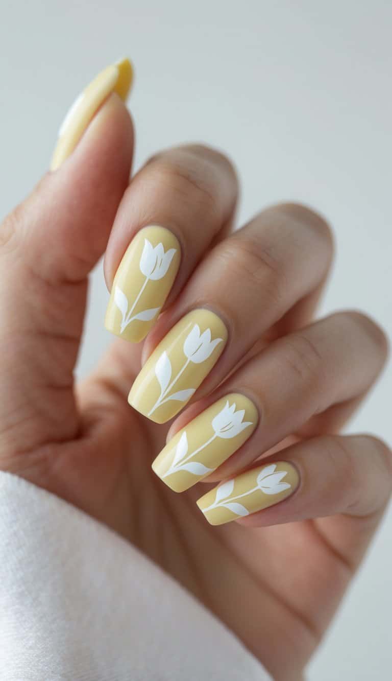 Close-up of hands with soft yellow square nails featuring white tulip designs, reflecting clean and playful march nail art ideas with floral charm.