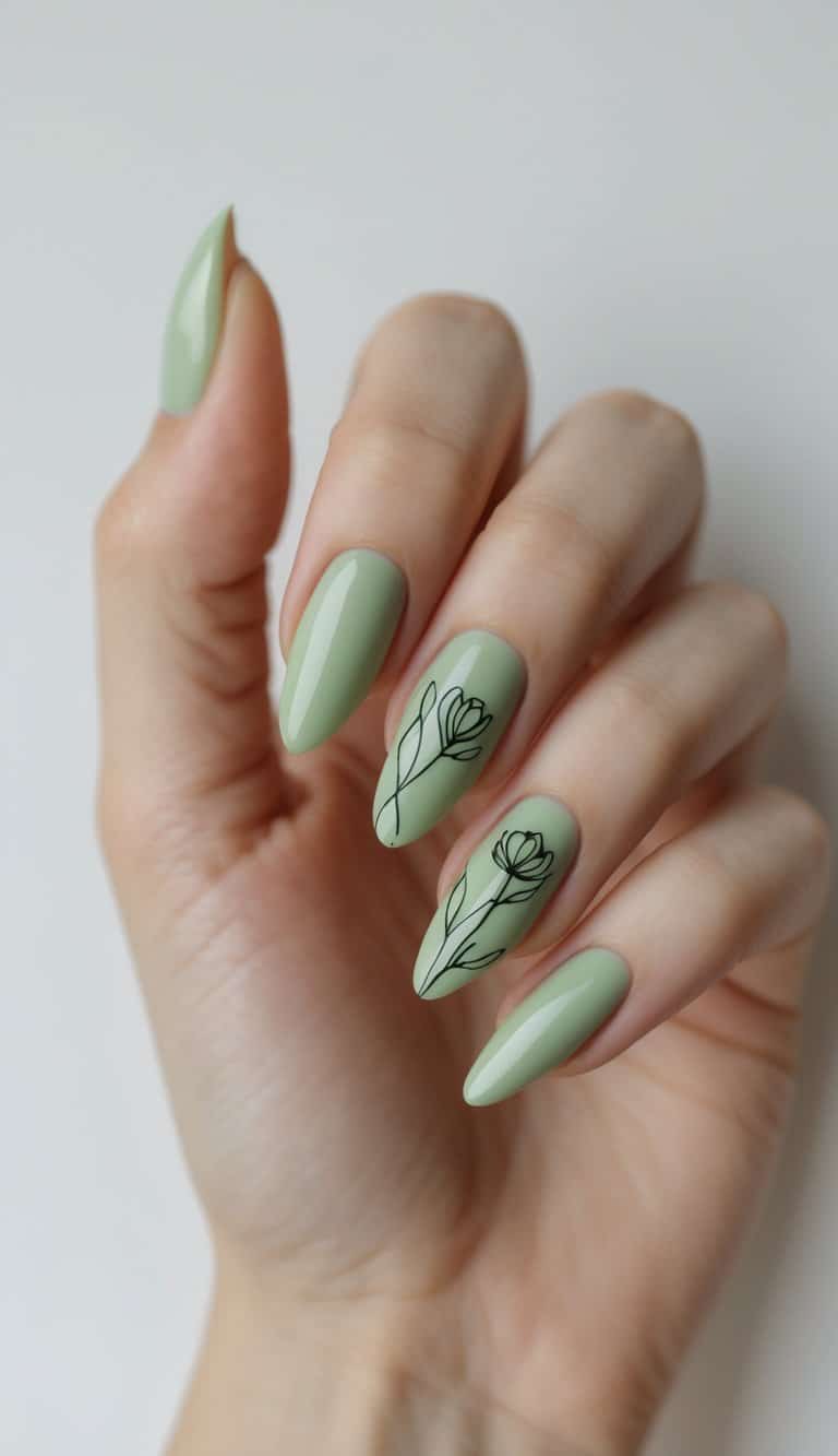 Close-up of hands with glossy sage green nails featuring fine black flower sketches, reflecting calm and refined march nail art ideas.