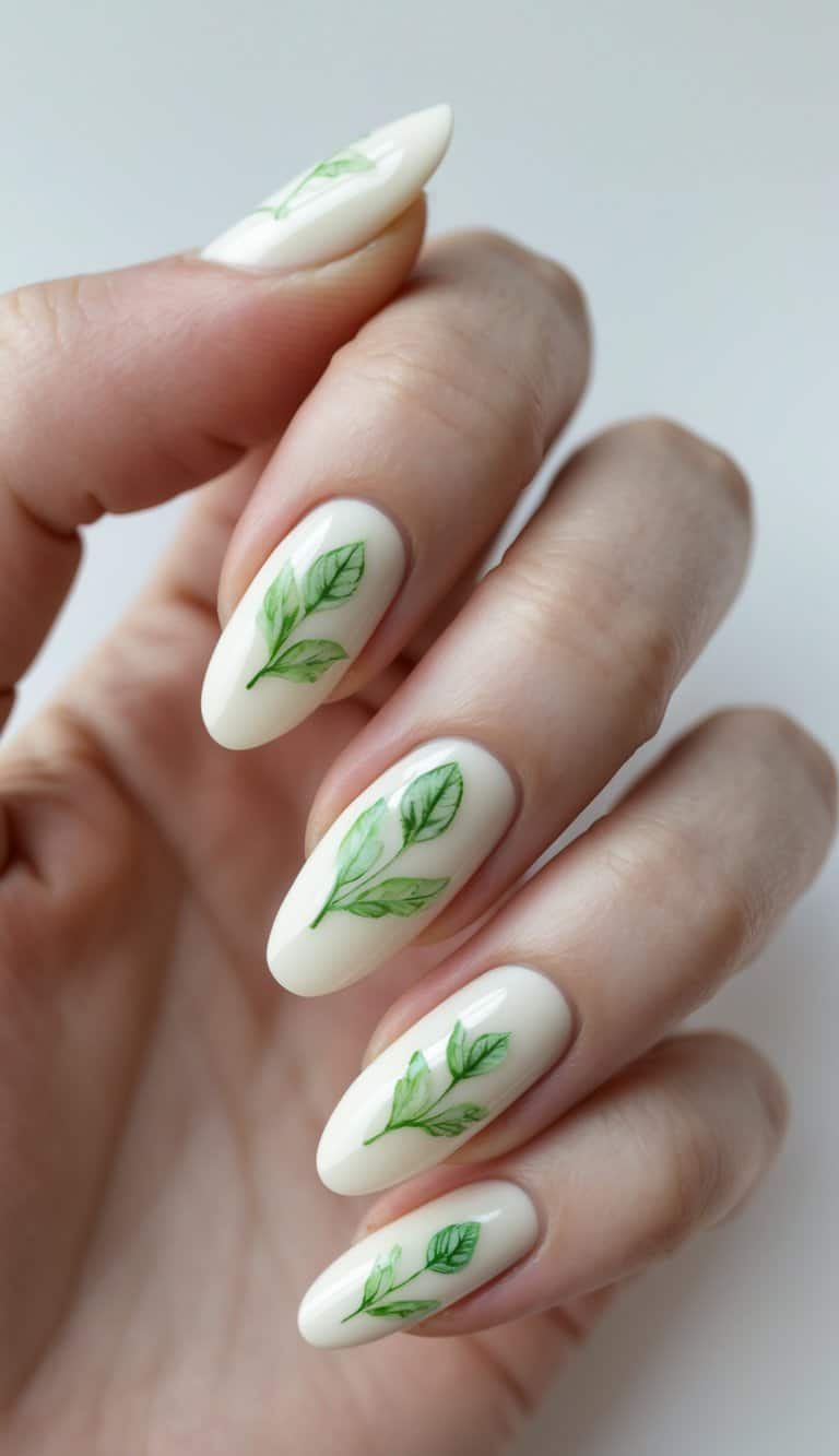Close-up of hands with almond-shaped ivory nails and hand-painted green leaf accents, perfect for fresh and clean march nail art ideas.