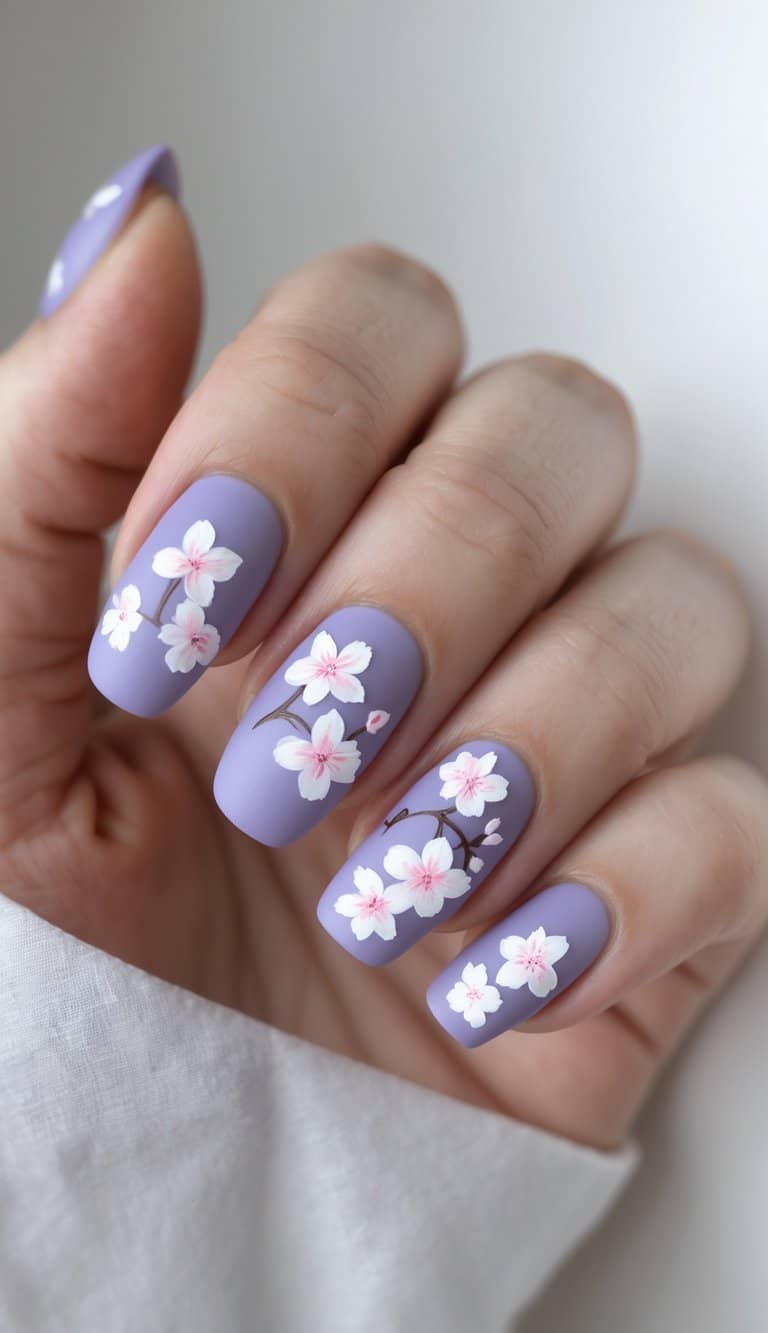 Close-up of hands with square-shaped lilac nails featuring soft cherry blossoms, creating a whimsical look for march nail art ideas.