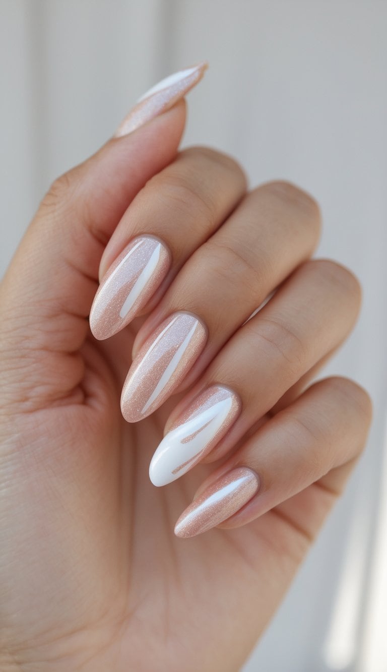 Close-up of hands with glossy nude-pink nails and abstract white lines, blending sparkle and softness in march nail art ideas.