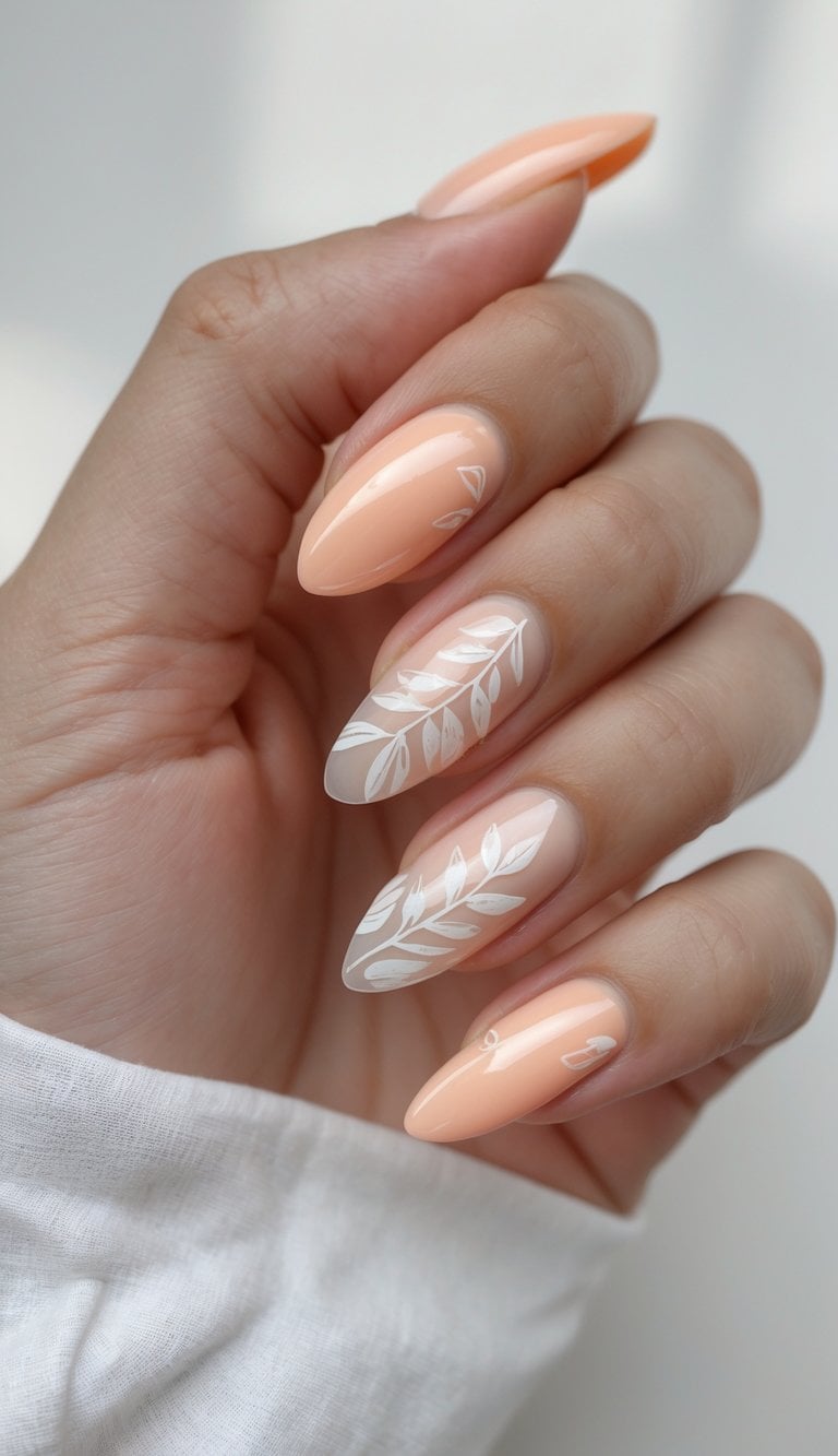Close-up of hands with soft peach nails detailed in white leaf designs, blending subtlety and nature for delicate march nail art ideas.