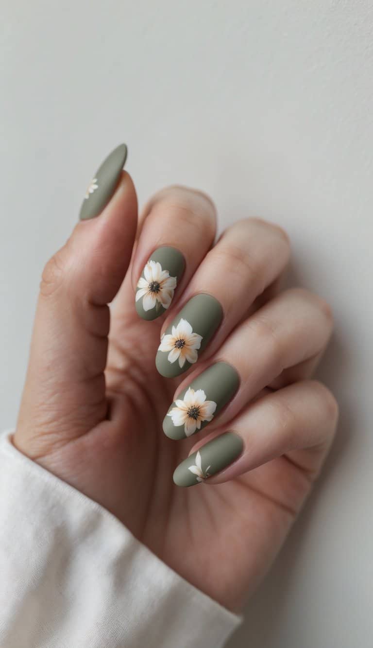 Close-up of hands with muted olive nails detailed with delicate white blossoms, reflecting subtle floral charm in march nail art ideas.