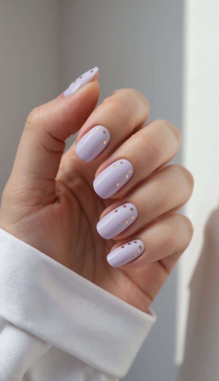 Close-up of hands with lilac-toned nails embellished with playful gold specks, perfect for whimsical yet wearable march nail art ideas.