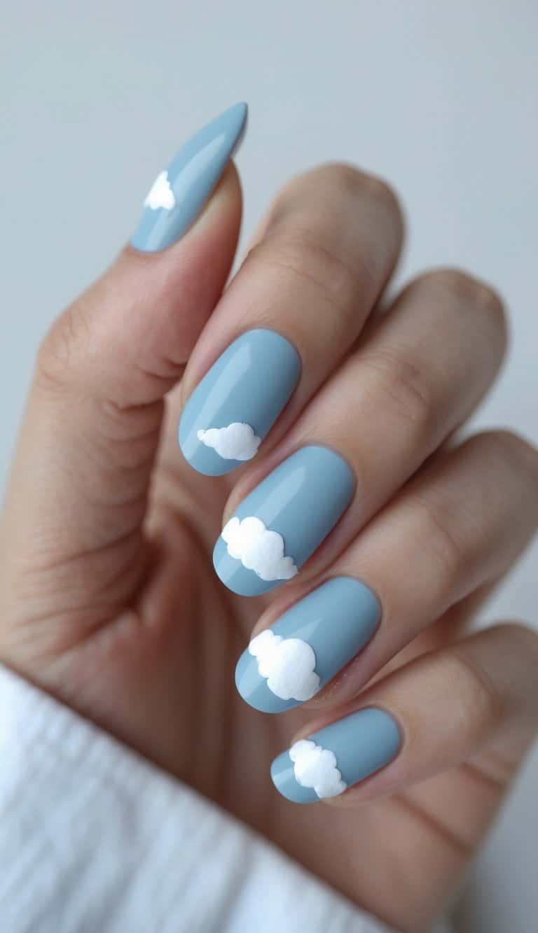 Close-up of hands with sky-blue nails decorated with white cloud shapes, highlighting playful yet minimal march nail art ideas.