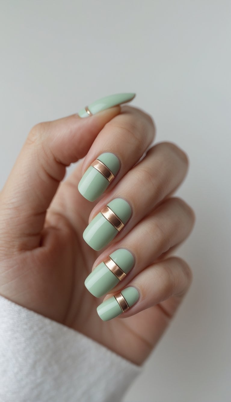 Close-up of hands with pistachio green nails and metallic gold striping, showing off elevated and modern march nail art ideas.