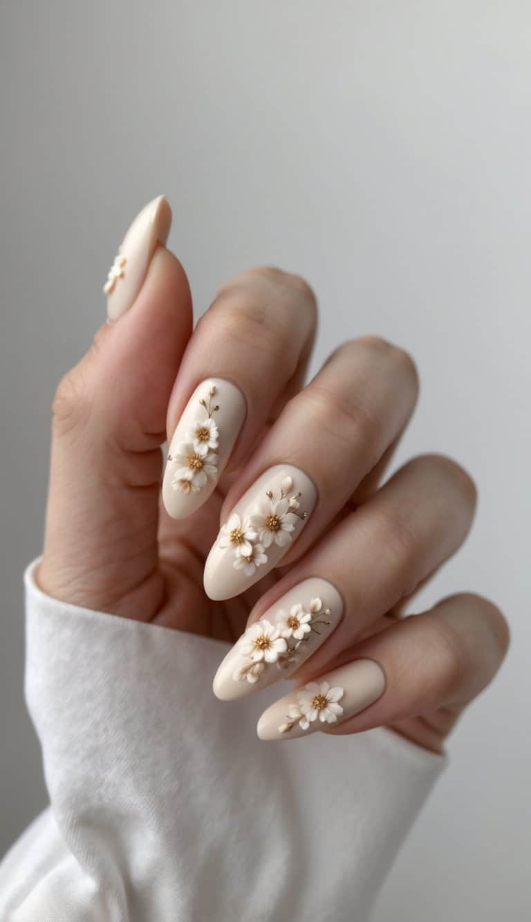 Close-up of hands with matte nude nails and raised floral designs, showing textured and nature-inspired march nail art ideas.