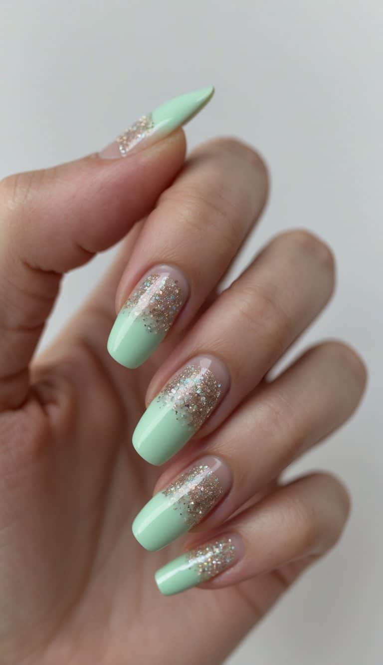 Close-up of hands with soft mint green nails blending into gold glitter on a nude base, styled for elegant March nail art ideas.