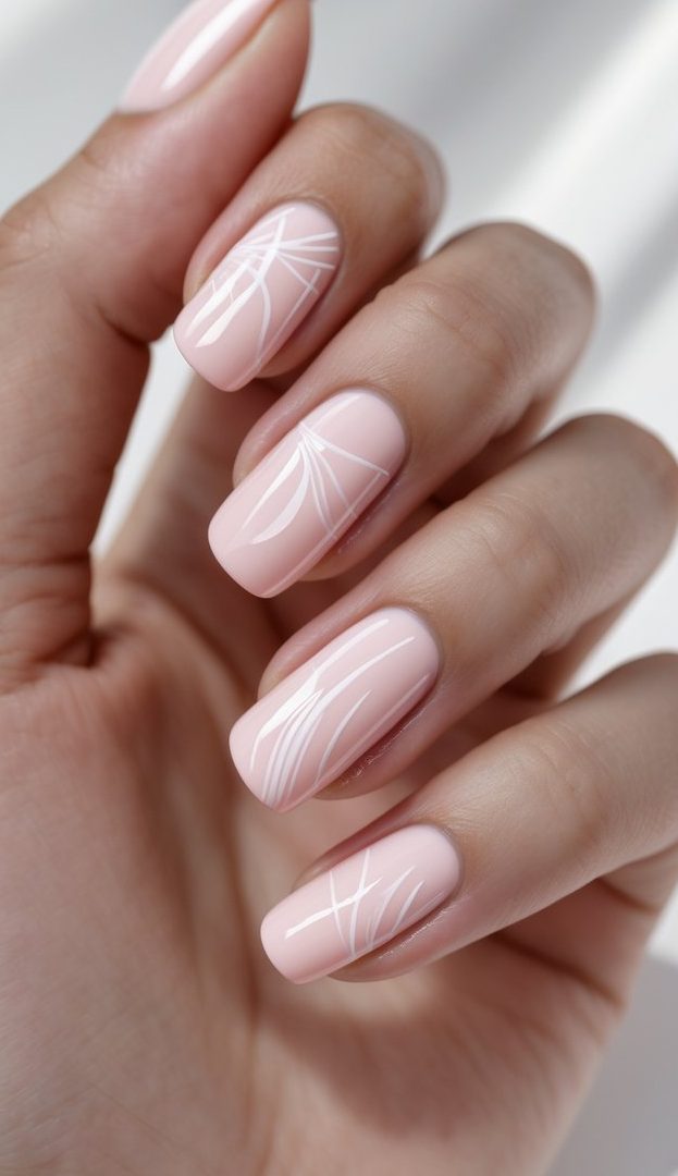 Hand with short blush-pink nails featuring a clean girl nail art idea with white fine-line designs that curve and cross like flowing ribbons