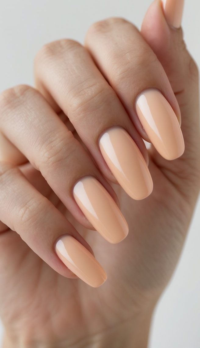 Close-up of feminine hand featuring creamy peach nails, highlighting a clean girl nail art idea with a glossy, citrus-inspired color
