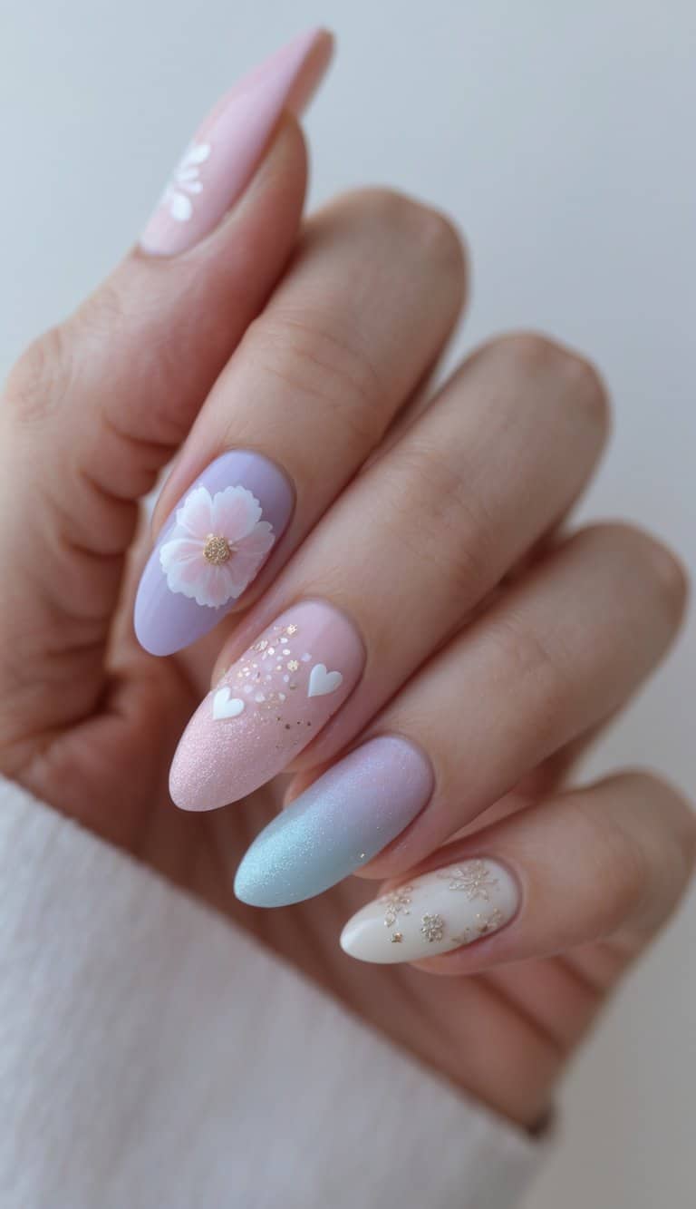 Close-up of one hand with detailed pastel-colored nail art against a white background.