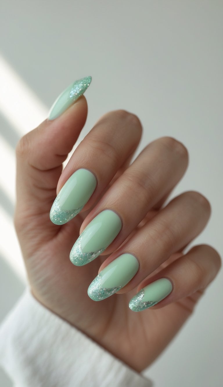 Photographed against a bright background, a hand displays pastel mint almond nails with smooth shine and shimmering silver glitter accents along the tips.
