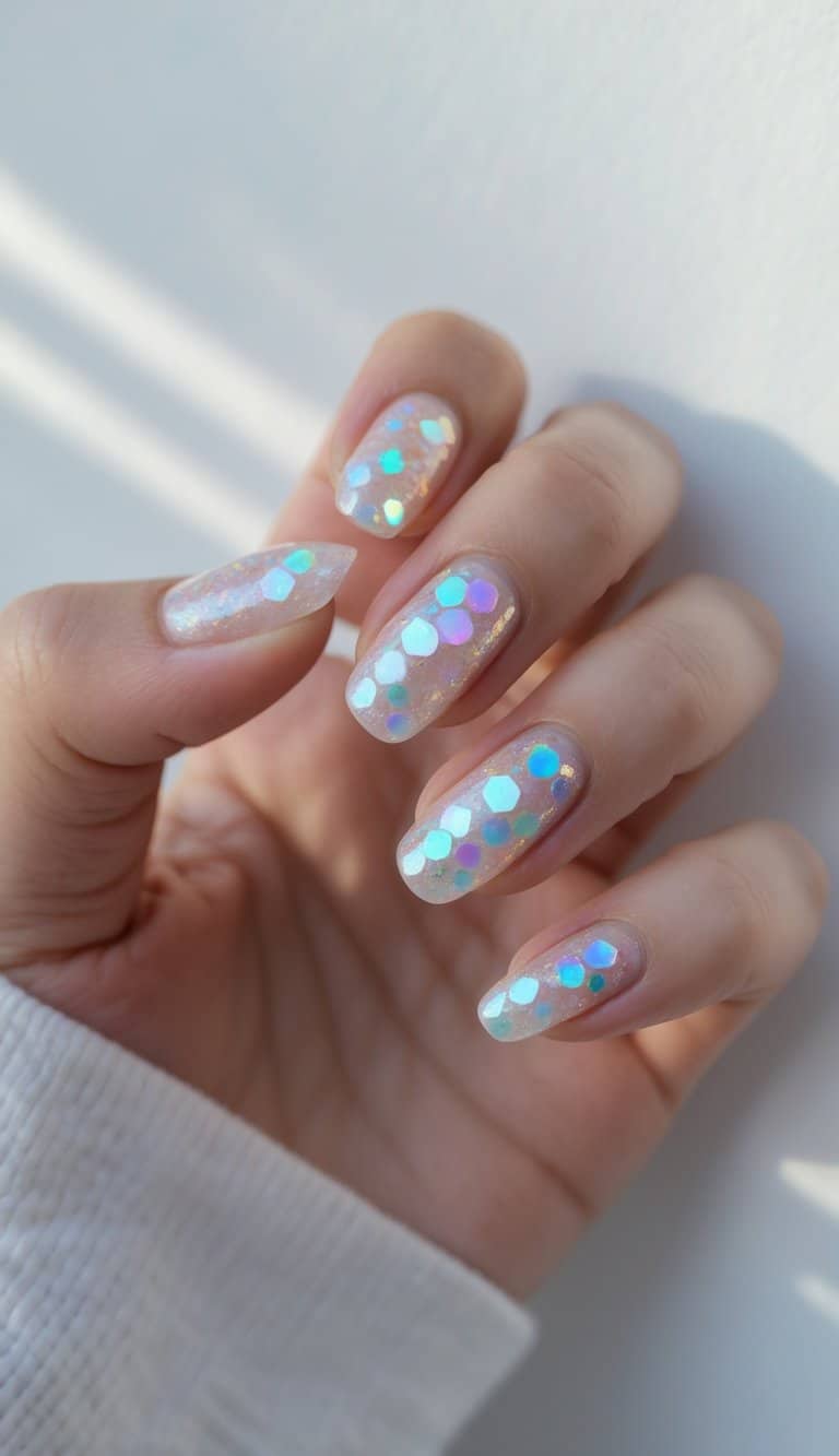 A naturally posed hand wearing translucent milky nails, detailed with scattered pastel iridescent glitter pieces that create a soft, reflective rainbow effect.