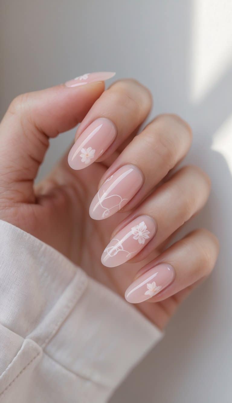 Seen from a slight angle, a manicured hand displays translucent pink almond nails featuring subtle white flower illustrations and delicate curved line details.