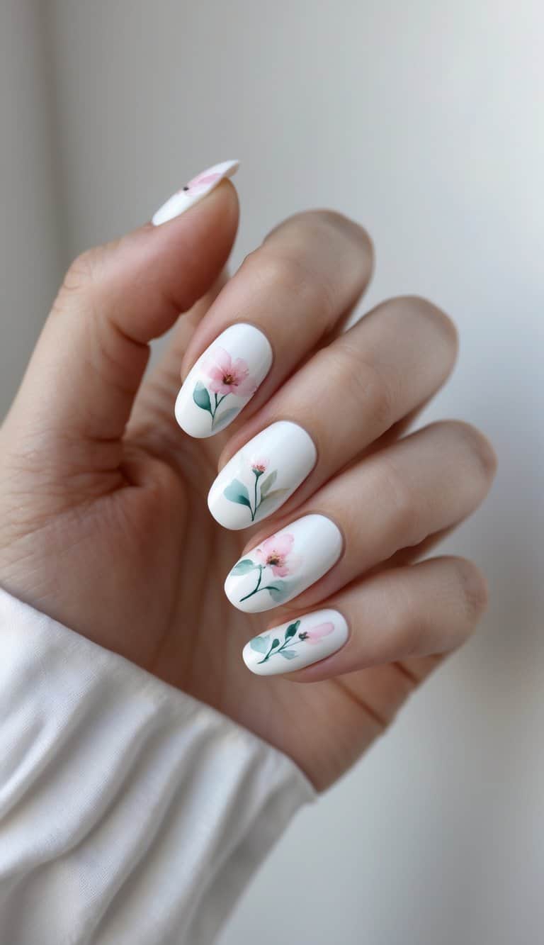 A softly posed hand with white almond-shaped nails, featuring hand-painted pink flowers and green stems arranged neatly across the nail surface.