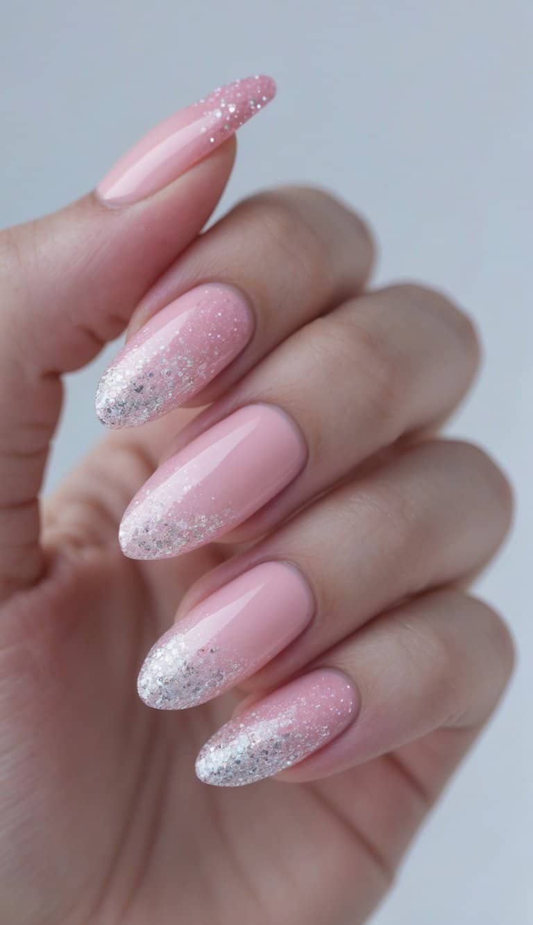 A naturally posed hand featuring glossy blush pink almond nails, detailed with fine silver glitter concentrated along the tips in a subtle gradient design.