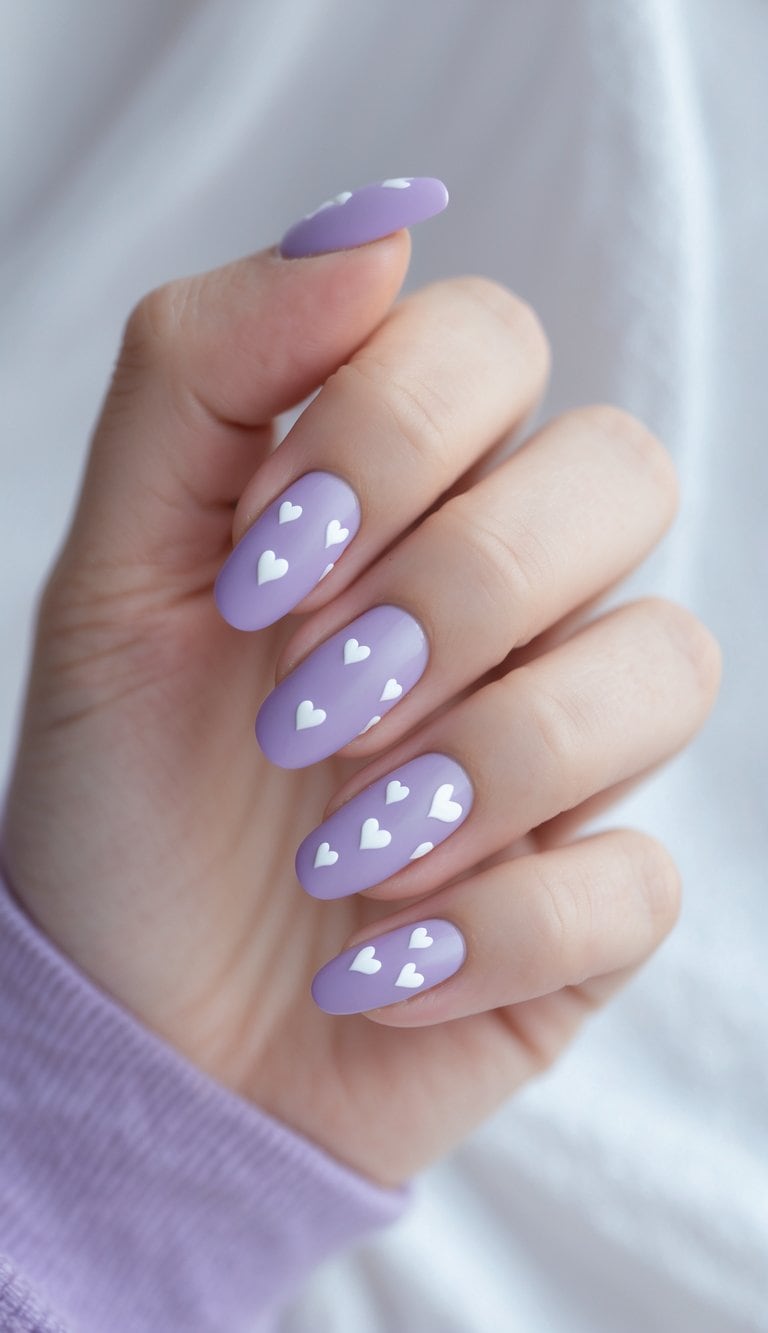 White heart motifs are spaced across glossy lavender almond nails, shown on a hand resting naturally with a soft pastel sleeve visible near the wrist.