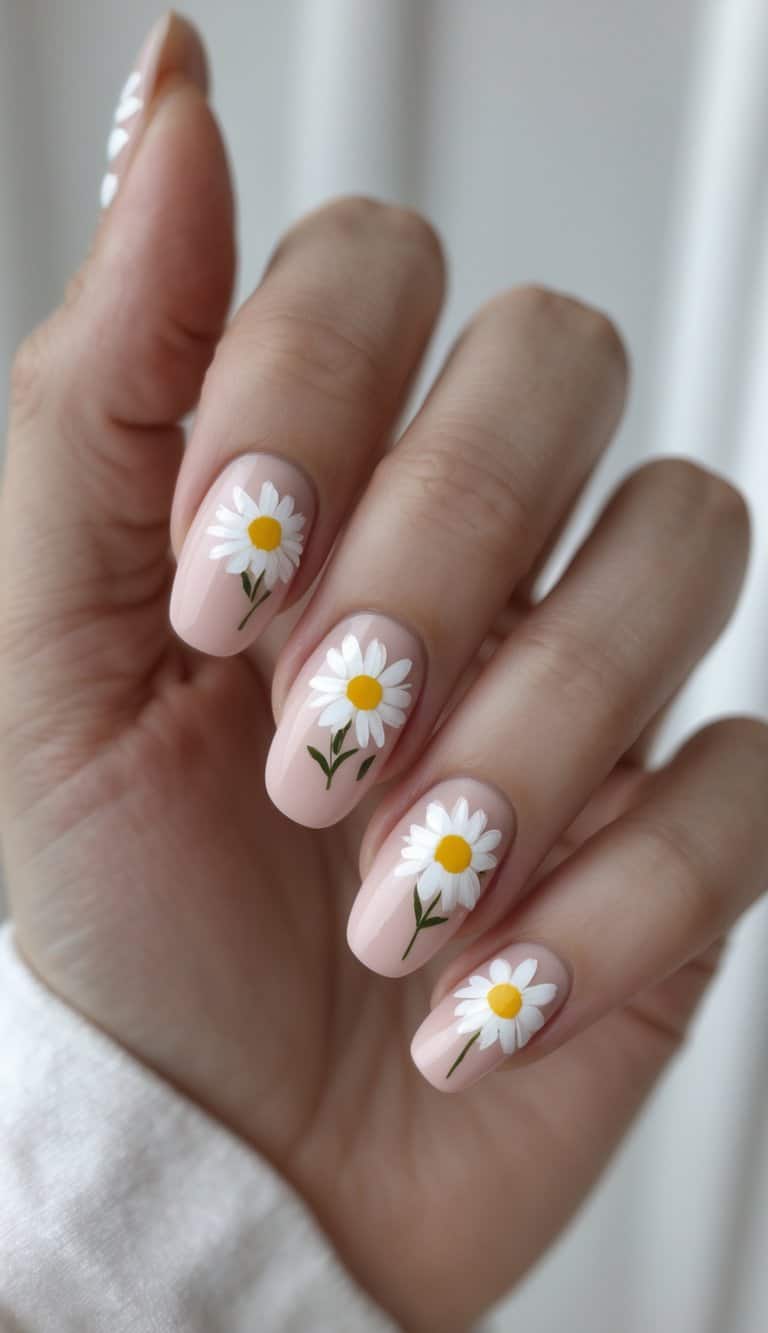 Photographed in natural light, a hand shows glossy pale pink nails with white daisy illustrations and yellow centers placed neatly on each nail.