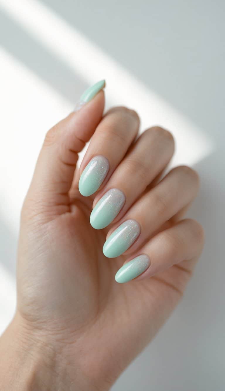 Seen from above, a manicured hand displays pastel mint almond nails with a fine shimmering finish that reflects softly against a bright, neutral background.