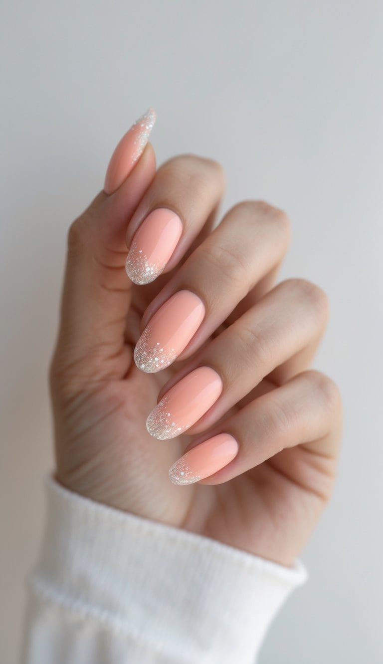 A relaxed hand posed against a neutral background shows peach-colored almond nails with a subtle glitter fade near the ends.