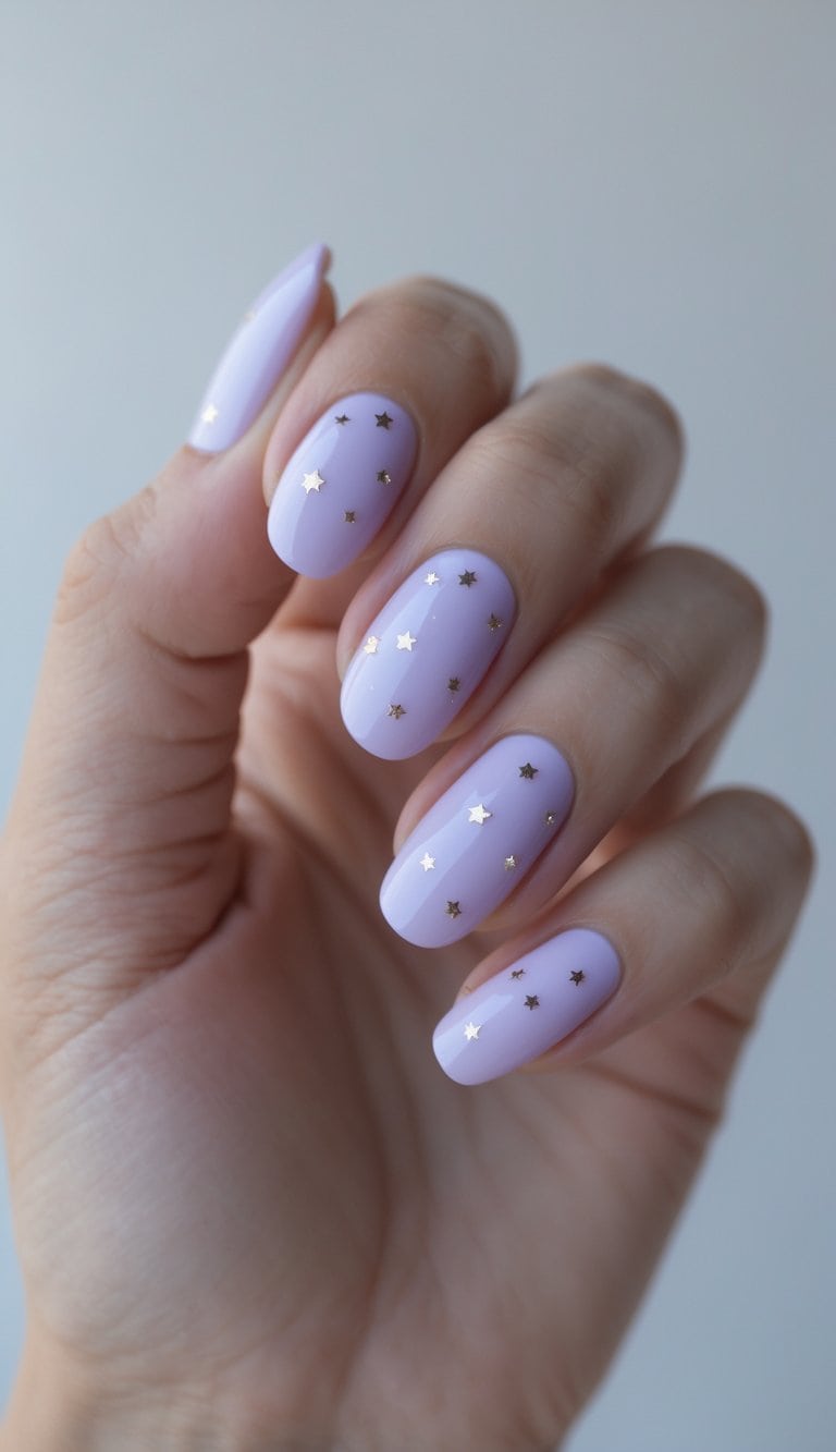 Small gold star details appear across glossy lavender almond nails, shown on a hand against a soft gray background with smooth, even polish.