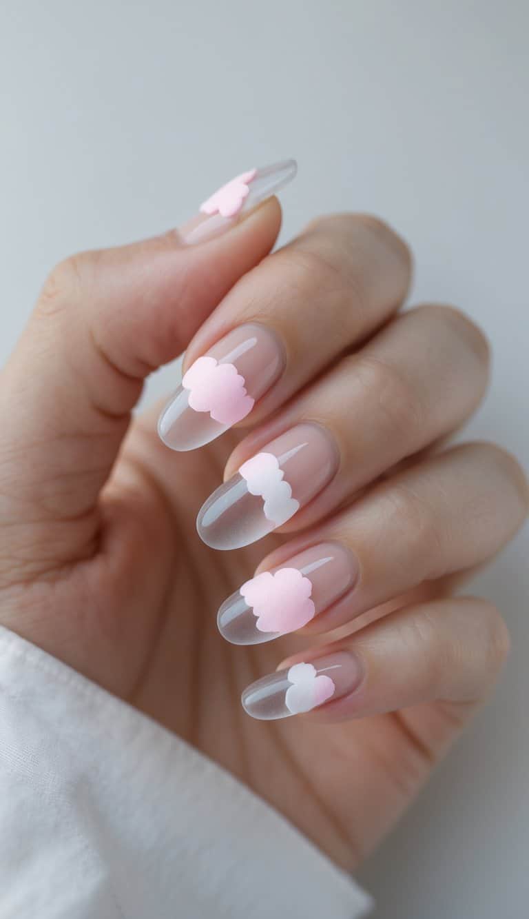 A manicured hand against a neutral background displays clear almond nails, each accented with soft pink cloud art that stands out against the transparent base.