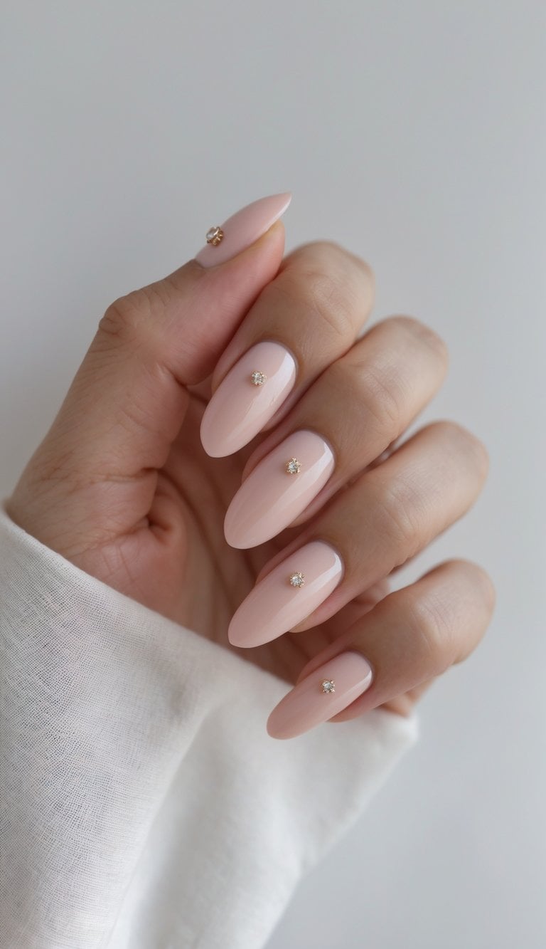 A manicured hand against a light background shows nude pink almond nails, featuring one tiny crystal embellishment per nail for a clean, refined look.