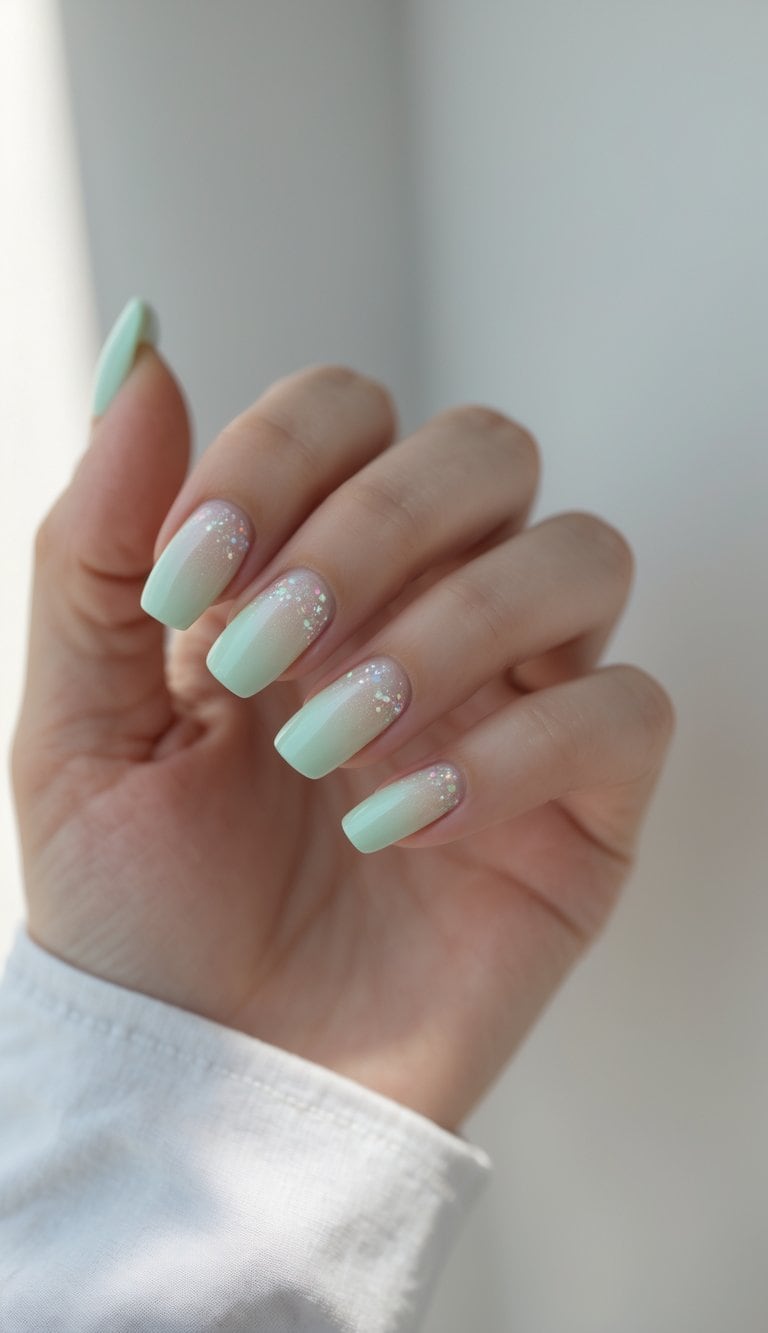 Square-shaped nails painted in pastel mint, photographed on a hand with subtle glitter concentrated near the upper half of each nail against a softly lit background.