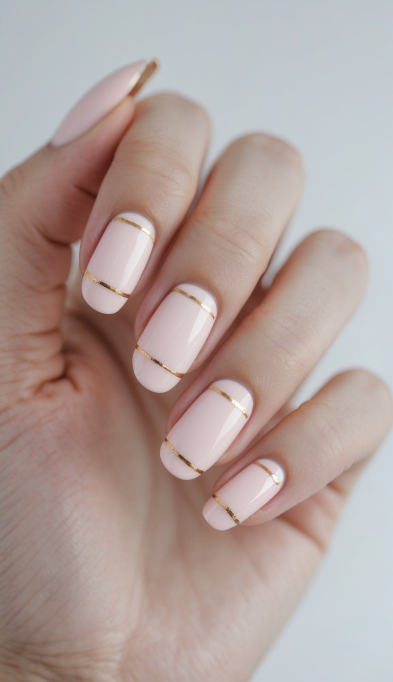 A close-up of a hand showing blush pink almond nails, each detailed with slim metallic gold lines running horizontally across the glossy surface.