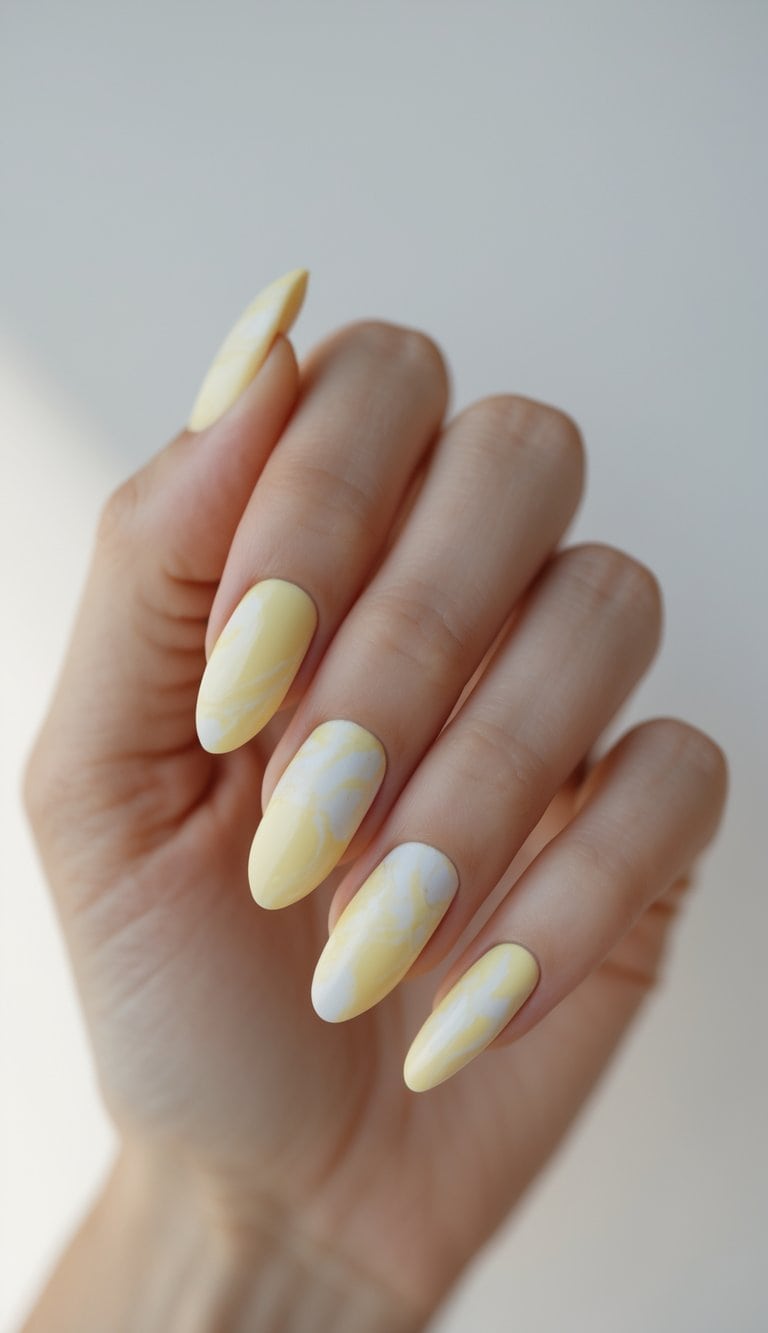 Photographed in natural light, a manicured hand shows glossy almond nails with pastel yellow bases and faint white marble patterns flowing through each nail.