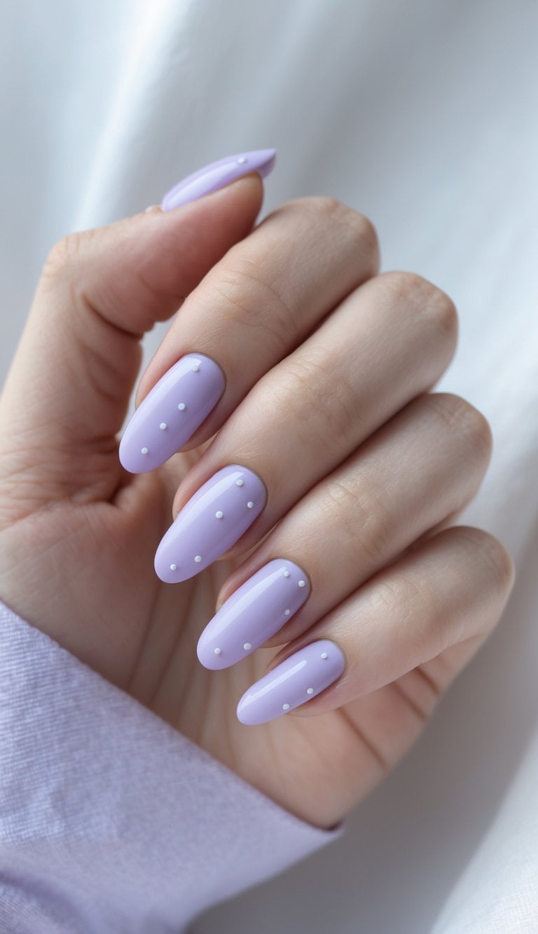 A close-up angle captures pastel purple almond nails with evenly spaced white dots, photographed in natural light against soft fabric in the background.