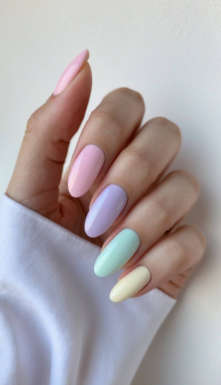 Photographed in natural light, a manicured hand features almond-shaped nails in mixed pastel colors, each nail a single solid shade with a polished finish.