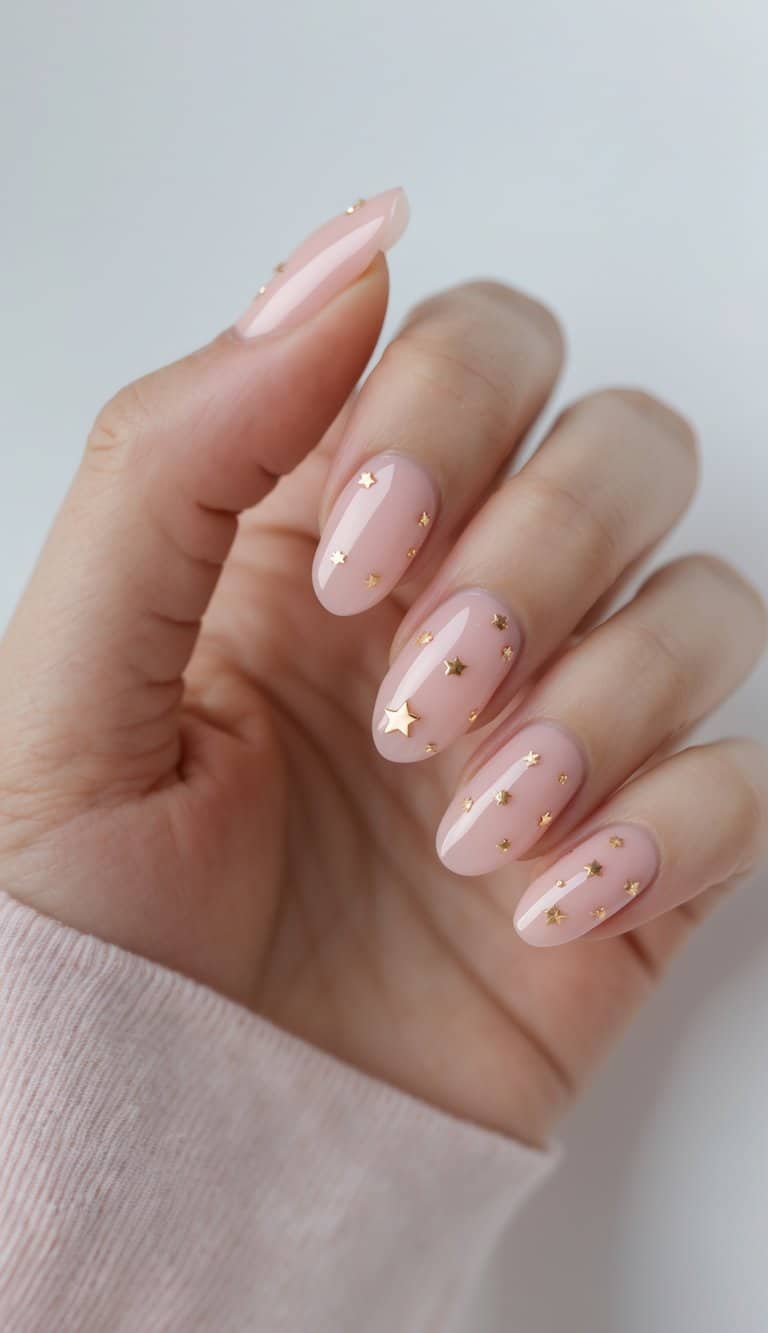 A close-up of a hand showing blush pink almond nails decorated with small gold star charms placed lightly across the glossy surface.