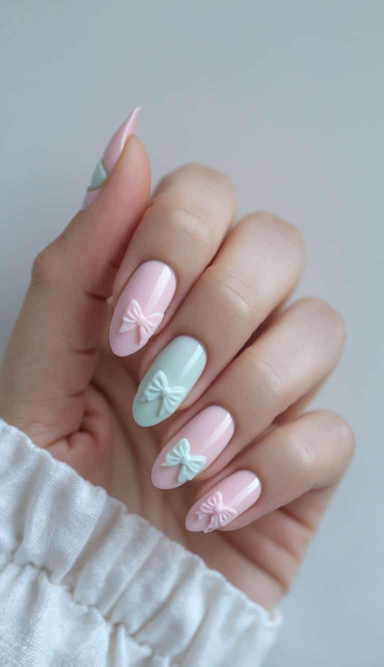 Seen from a slight angle, a manicured hand displays alternating pastel nails in pink and mint, each featuring a three-dimensional bow embellishment.
